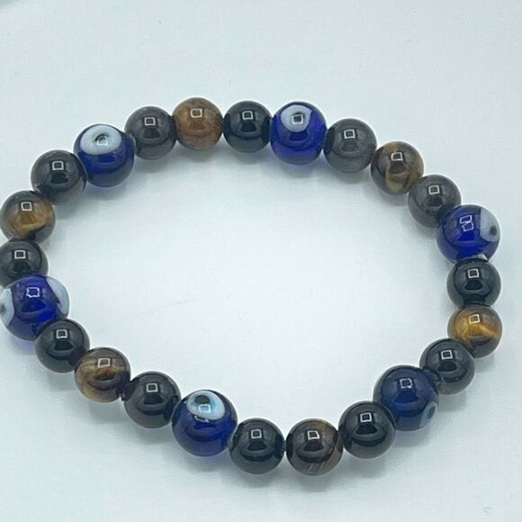 Crystal beaded stretch bracelet ONE NEW evil eye yellow tiger eye silver obsidia - Picture 4 of 10